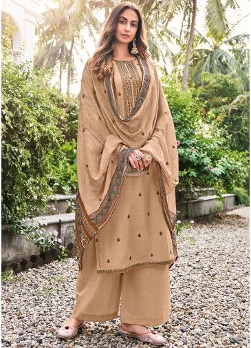 Thread Embroidered Beige Palazzo Suit In Cotton