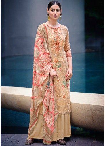 Beige Embroidered Palazzo Suit In Georgette