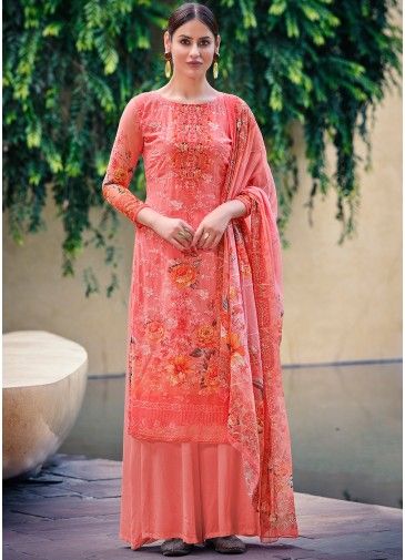 Peach Floral Printed Palazzo Suit In Georgette