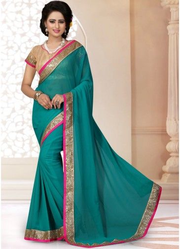 Georgette Patch Border Saree in Turquoise