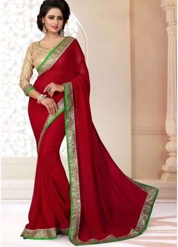 Maroon Georgette Saree with Brocade Blouse