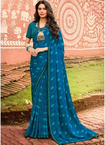 Blue Georgette Printed Saree With Blouse