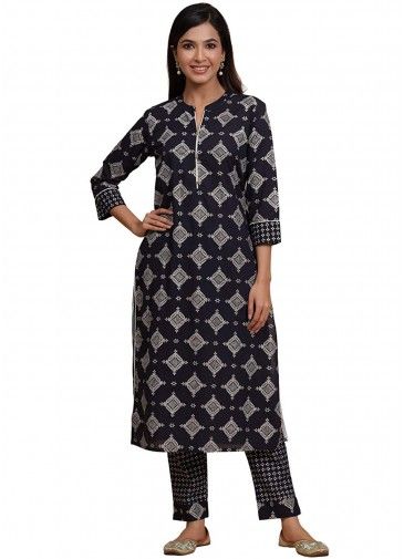 Printed Black Readymade Suit With Cotton Pant
