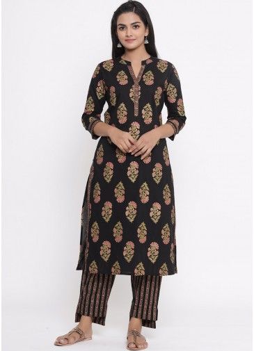 Black Readymade Cotton Suit With Printed Palazzo
