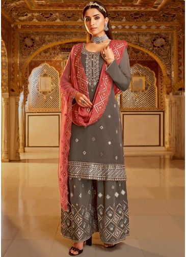 Grey Georgette Suit With Embroidered Heavy Palazzo