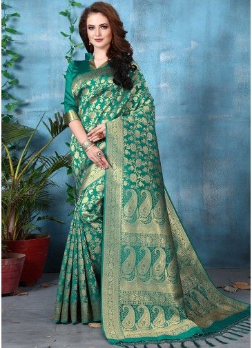 Green Floral Woven Art Banarasi Silk Saree