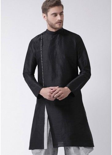 Black Readymade Dupion Silk Angrakha Style Slit Kurta