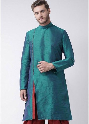 Green Readymade Dupion Silk Angrakha Style Slit Kurta