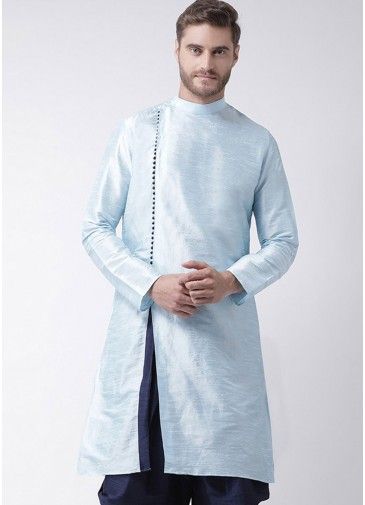 Readymade Blue Angrakha Style Dupion Silk Slit Kurta