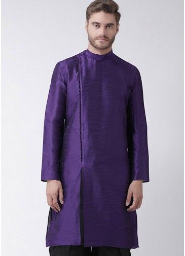 Purple Readymade Dupion Silk Angrakha Style Slit Kurta
