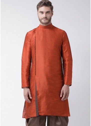 Readymade Orange Dupion Silk Angrakha Style Slit Kurta