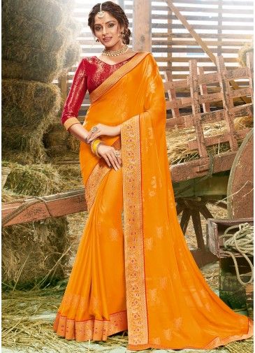 Orange Printed Festive Saree In Chiffon