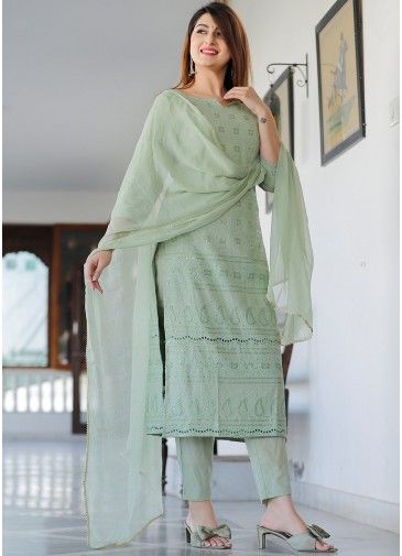 Readymade Embroidered Pant Salwar Suit In Green