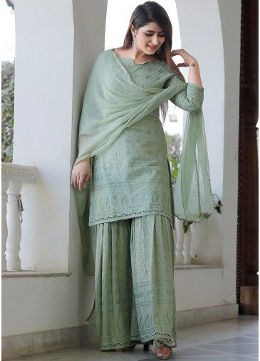 Readymade Embroidered Palazzo Suit In Green