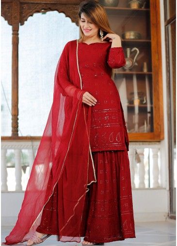 Maroon Readymade Embroidered Rayon Palazzo Suit