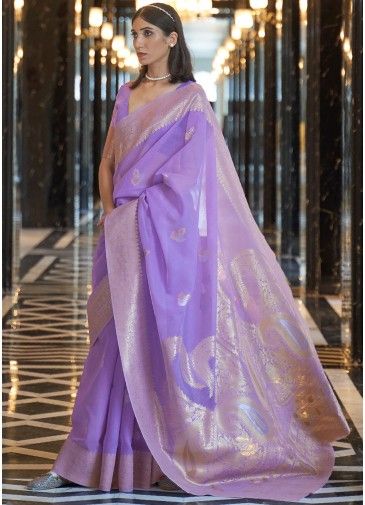 Purple Woven Linen Saree With Blouse
