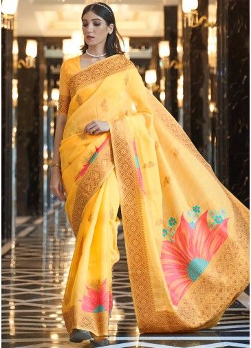 Yellow Linen Woven Saree With Blouse