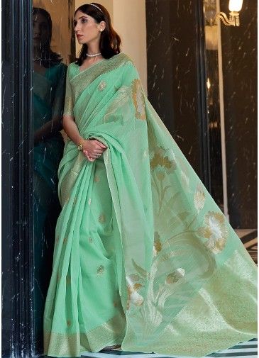 Green Linen Woven Saree With Blouse
