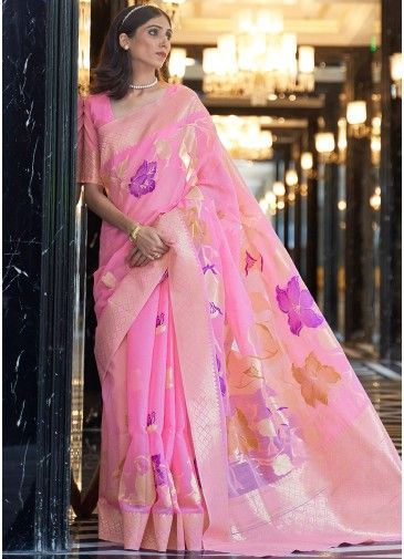 Pink Floral Woven Linen Saree With Blouse