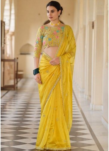 Yellow Embroidered Organza Saree With Blouse