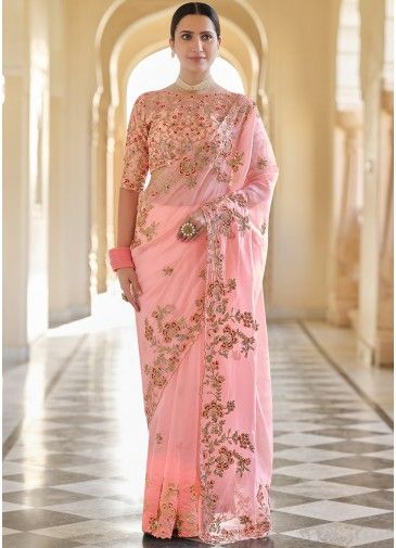 Peach Floral Embroidered Saree With Heavy Blouse
