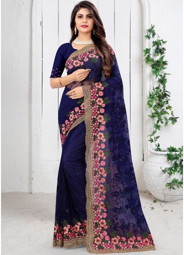 Blue Zari Embroidered Saree In Net