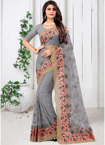 Grey Embroidered Net Saree With Blouse