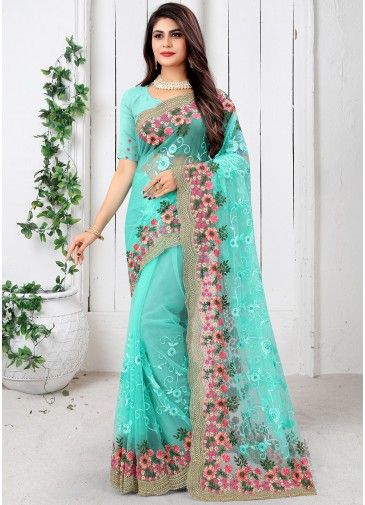 Turquoise Heavy Border Net Saree With Blouse