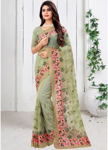 Green Embroidered Wedding Saree In Net