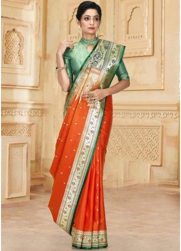 Orange Banarasi Silk Woven Saree With Blouse