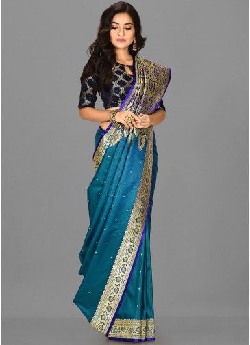 Blue Banarasi Silk Zari Saree With Blouse
