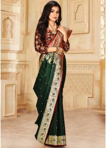 Dark Green Banarasi Silk Saree With Blouse