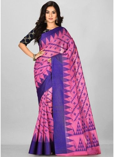 Pink Banarasi Silk Saree With Blouse
