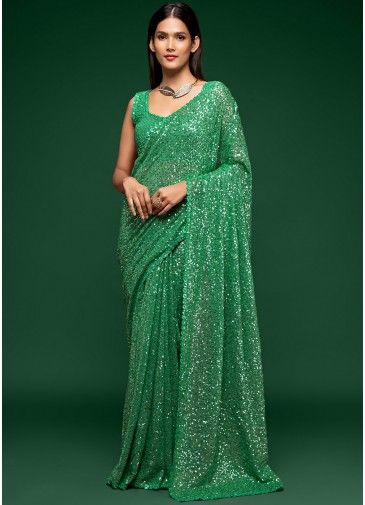 Green Sequins Embroidered Saree In Georgette