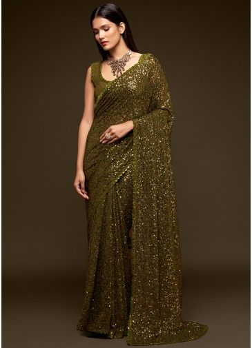 Georgette Green Saree With Heavy Sequined Blouse