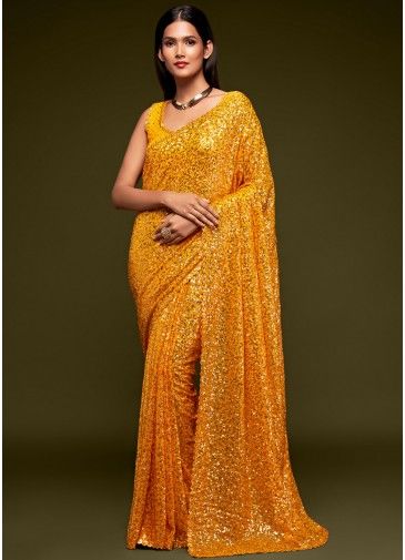Yellow Sequined Georgette Saree For Party Wear