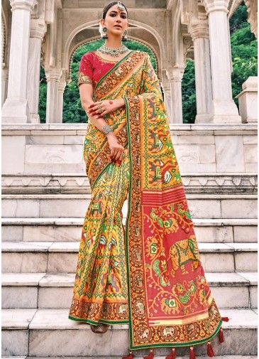 Yellow Embroidered Woven Bridal Saree In Silk