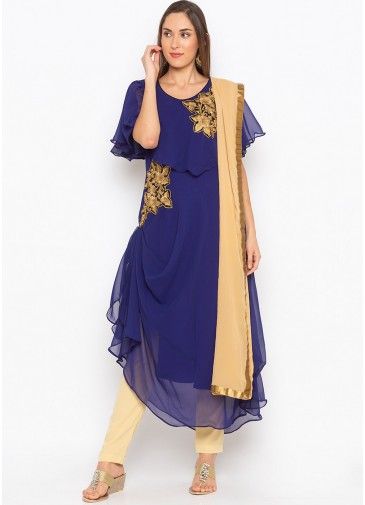 Readymade Blue Asymmetric Embroidered Suit