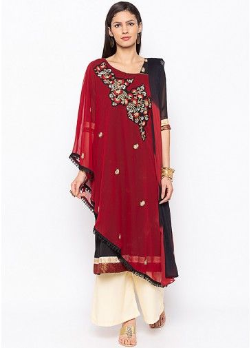 Readymade Maroon Asymmetric Embroidered Palazzo Suit