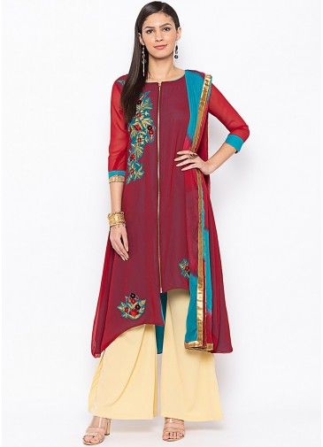 Maroon Readymade Embroidered Suit Set