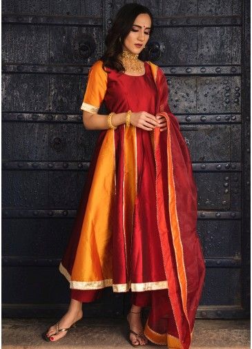 Readymade Red & Orange Laced Anarkali Suit