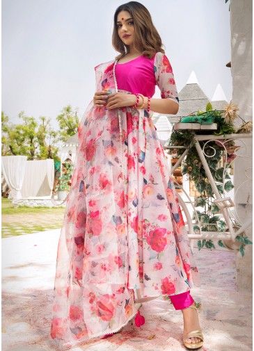 Readymade Floral Printed Pink Anarkali Suit Set