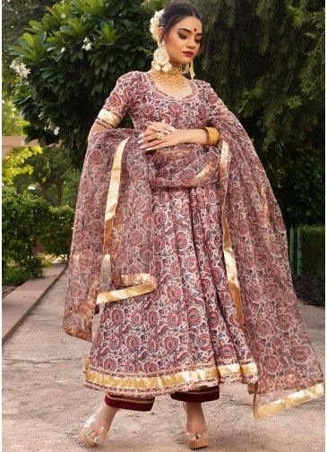 Cream Floral Printed Readymade Anarkali Suit