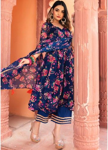 Blue Readymade Floral Printed Anarkali Style Suit