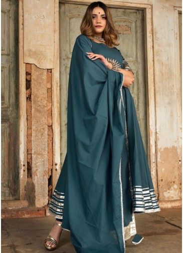 Readymade Laced Anarkali Style Suit In Green