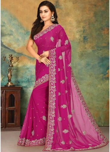 Pink Georgette Hand Work Saree With Blouse