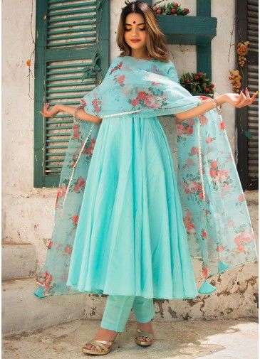 Readymade Turquoise Anarkali Style Pant Suit