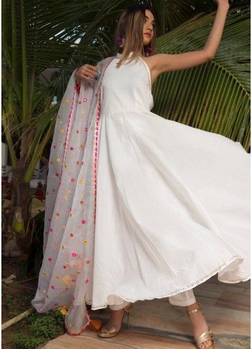 White Readymade Anarkali Style Suit In Cotton