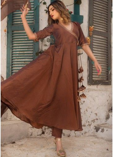 Readymade Brown Cotton Silk Angrakha Style Suit