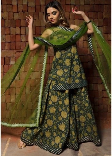 Green Hand Block Printed Readymade Palazzo Suit